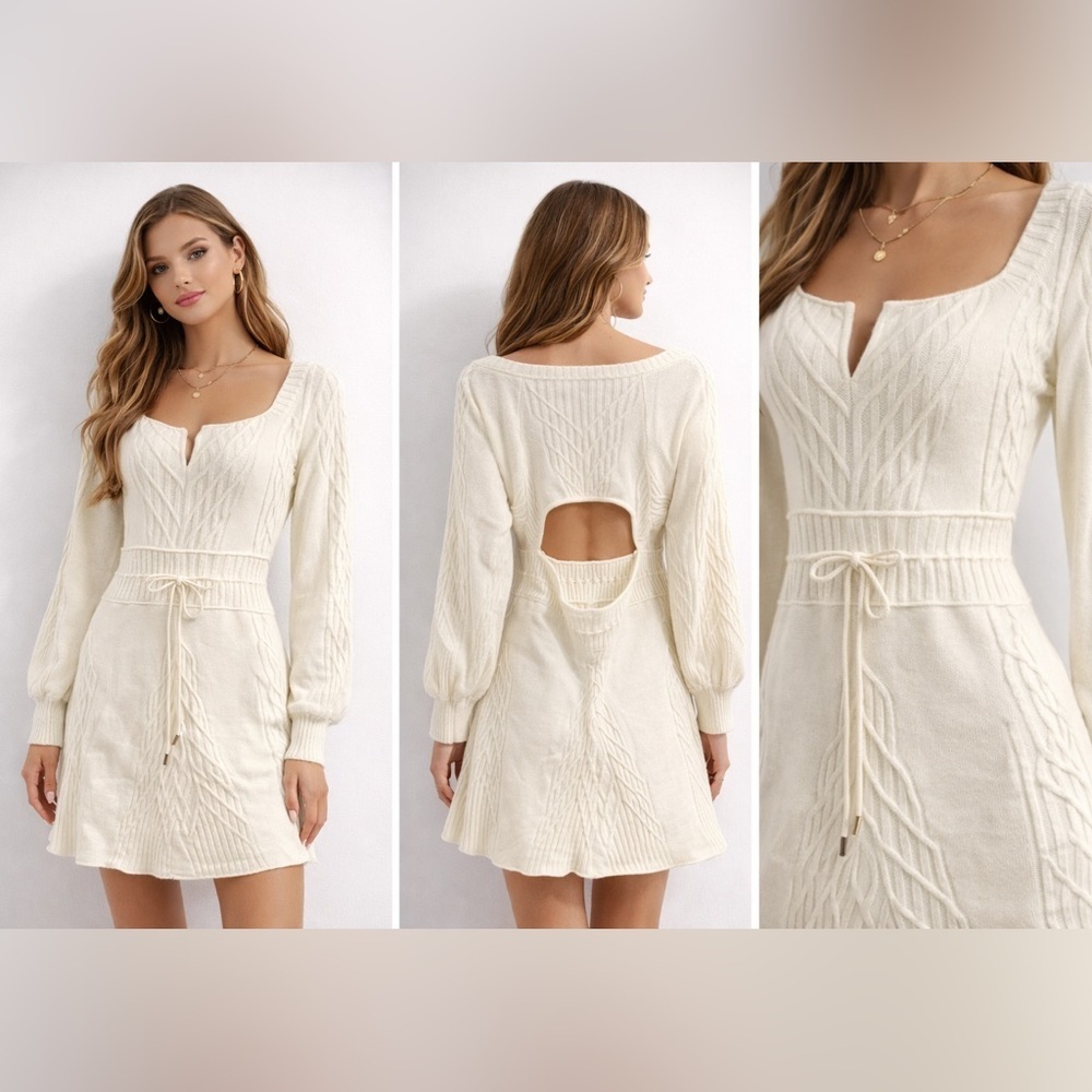 Free People Ivory Knit Mini Dress Open Back Boho Cable Sweater Dress S